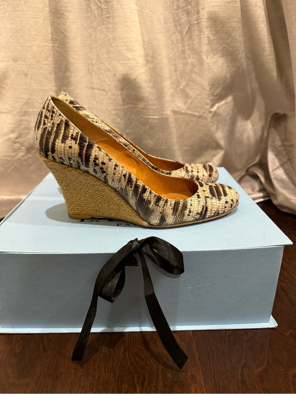 Lanvin Neutral Snake-Print Espadrille Wedge Pumps